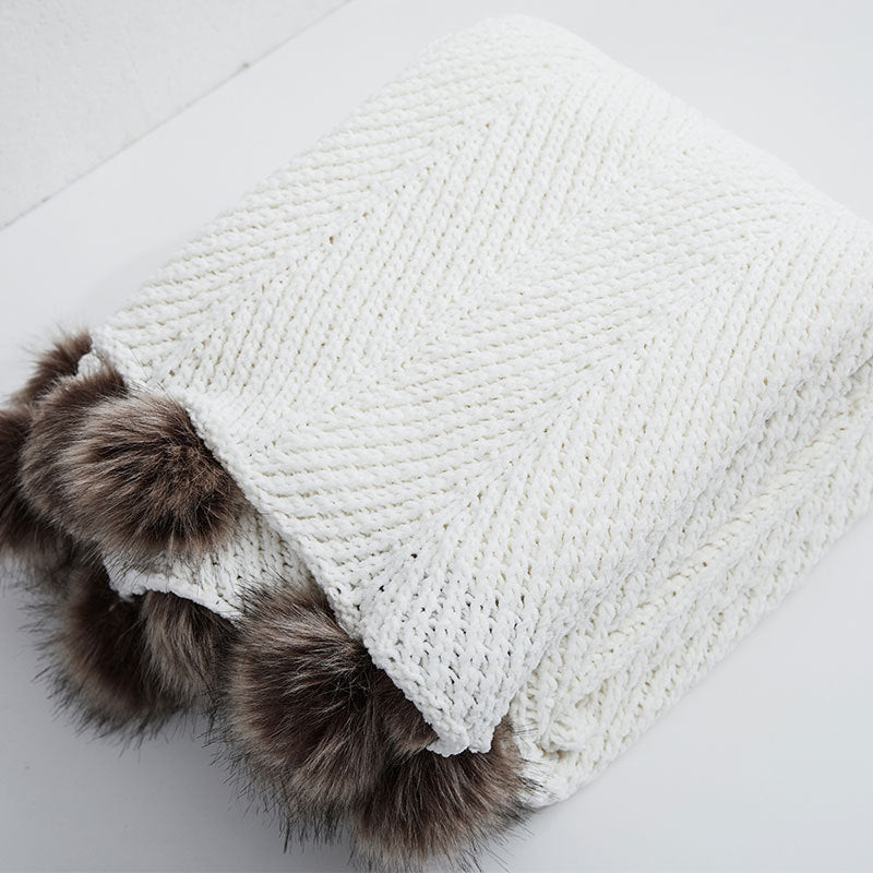 FuzzyPom Chunky Knit Chenille Throw Blanket