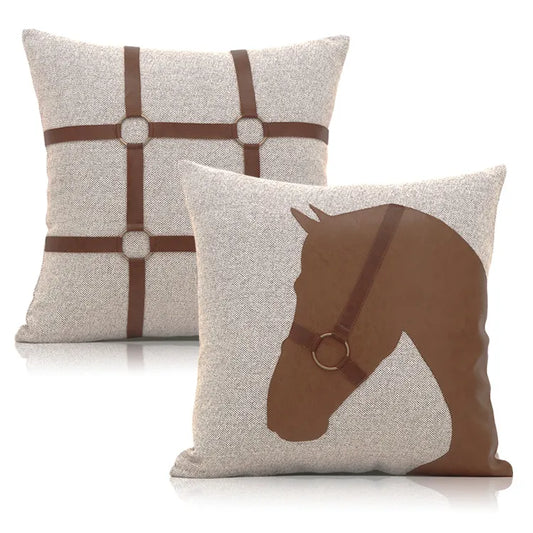 HorseHaven Linen & Leather Equestrian Cushion Covers