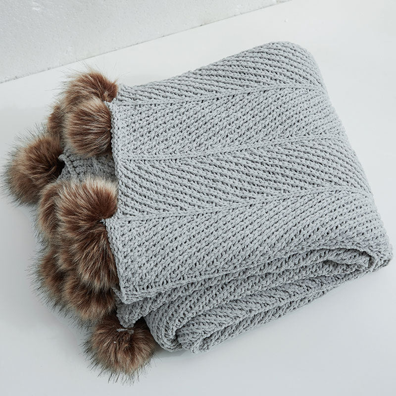 FuzzyPom Chunky Knit Chenille Throw Blanket