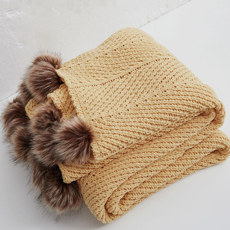 FuzzyPom Chunky Knit Chenille Throw Blanket