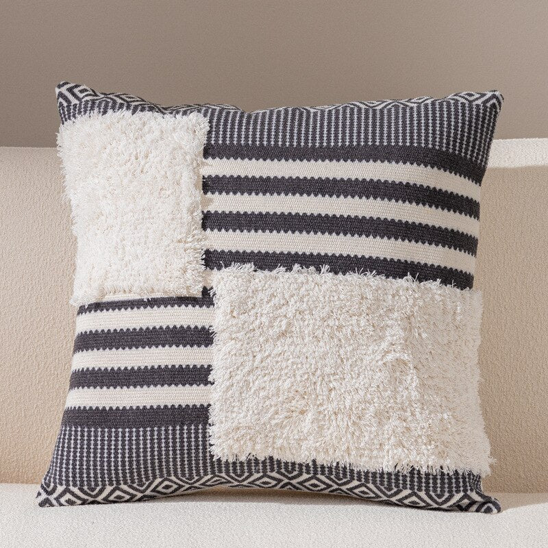 Chic Geometry Black & White Tufted Fringed Cushion Cover