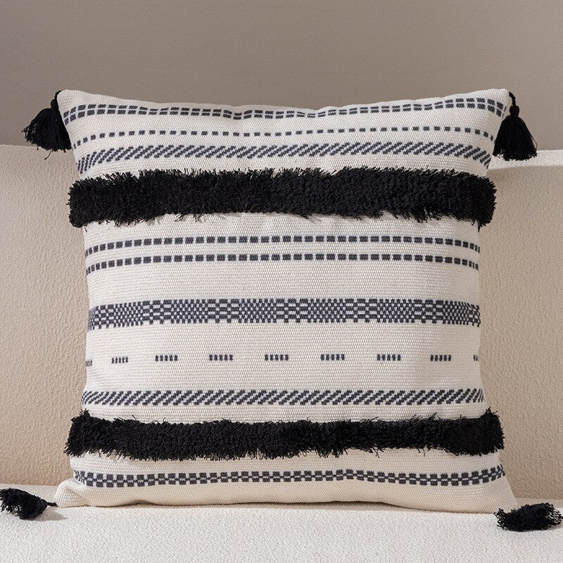 Chic Geometry Black & White Tufted Fringed Cushion Cover