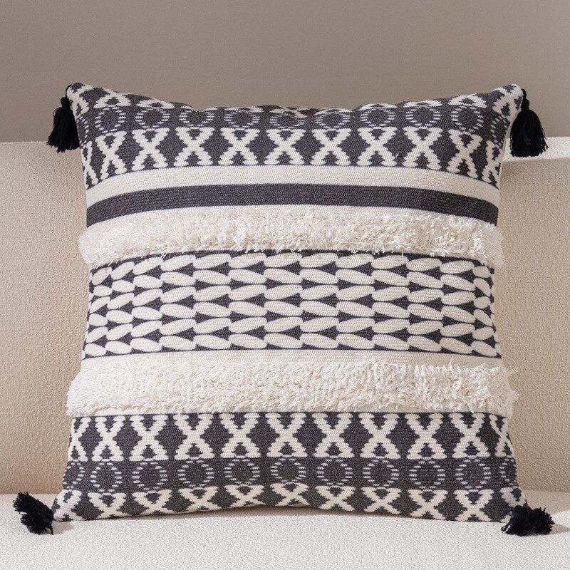 Chic Geometry Black & White Tufted Fringed Cushion Cover