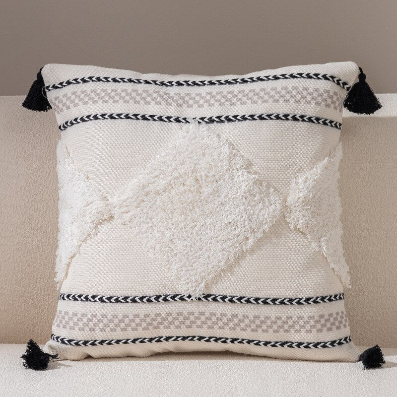 Chic Geometry Black & White Tufted Fringed Cushion Cover