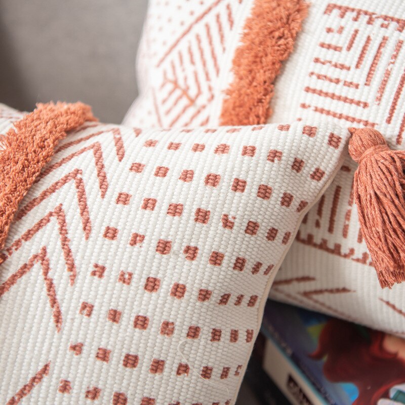 Serene Elegance Geometric Tassels Cushion Cover