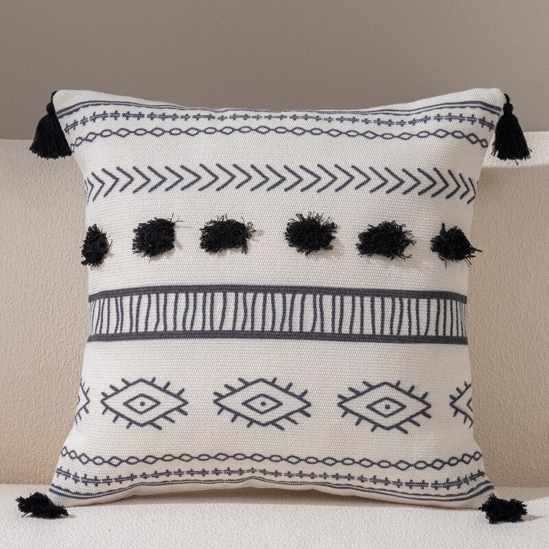 Chic Geometry Black & White Tufted Fringed Cushion Cover