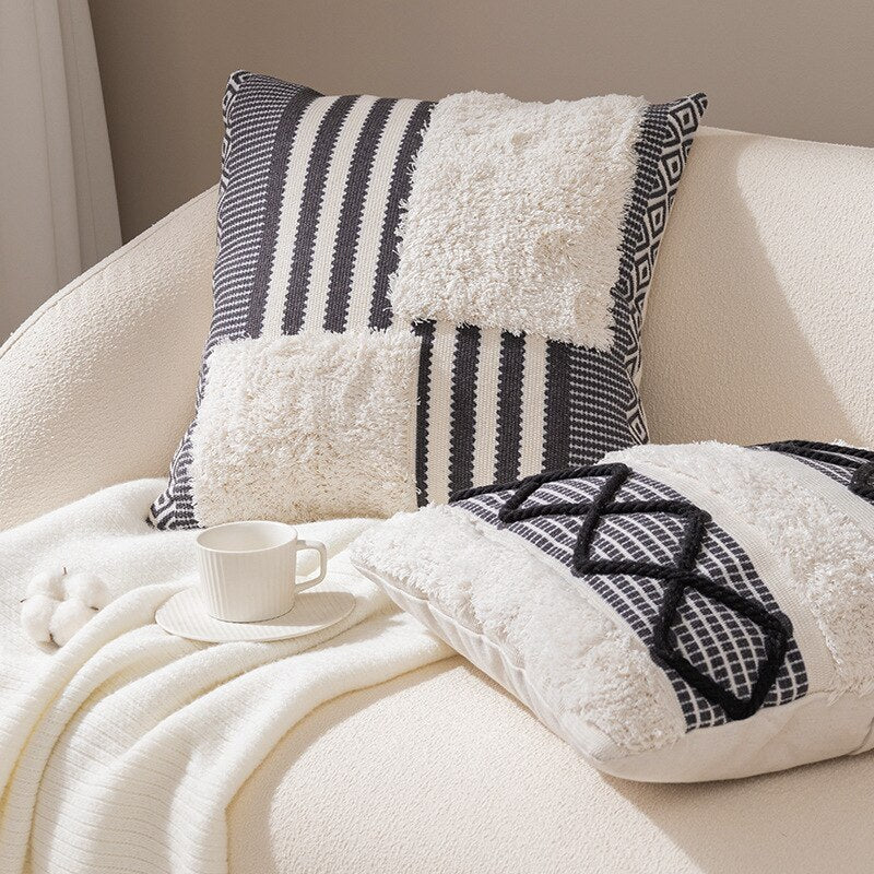 Chic Geometry Black & White Tufted Fringed Cushion Cover