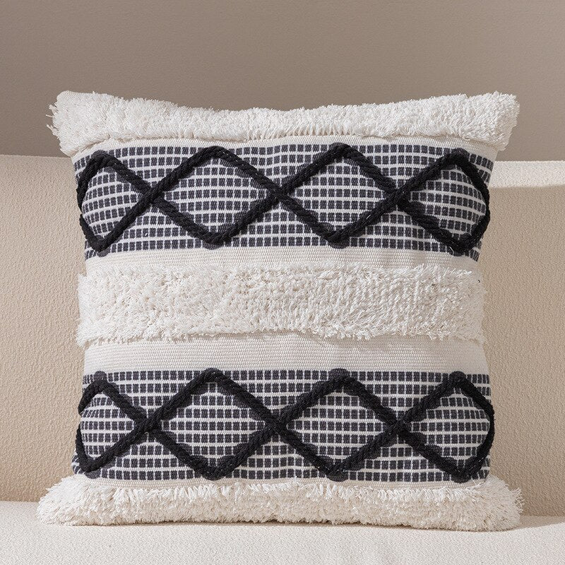 Chic Geometry Black & White Tufted Fringed Cushion Cover