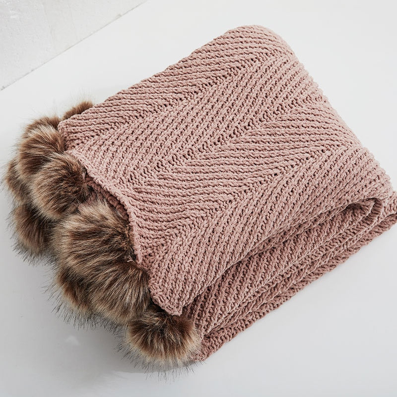 FuzzyPom Chunky Knit Chenille Throw Blanket