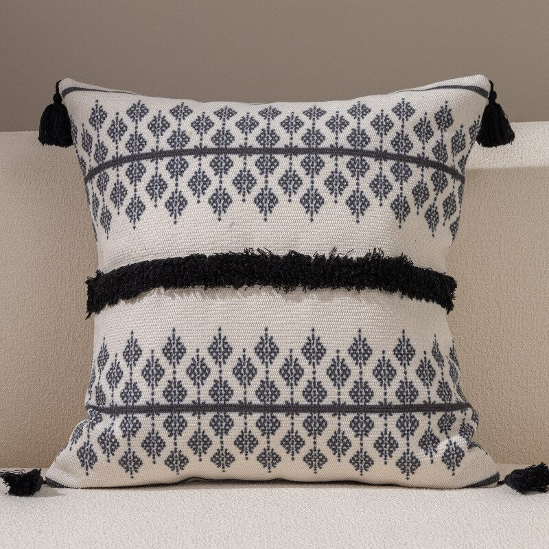 Chic Geometry Black & White Tufted Fringed Cushion Cover