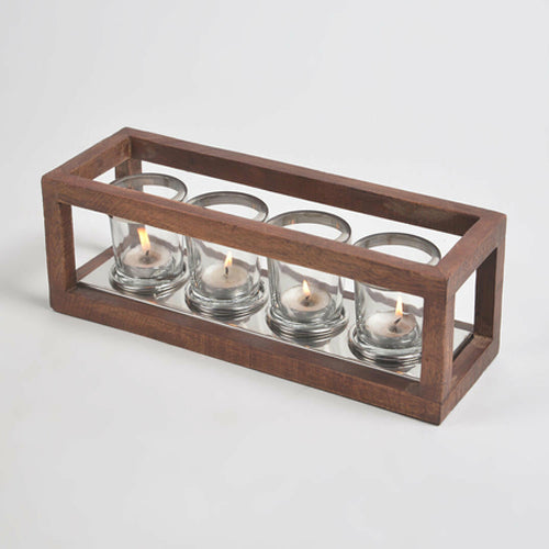 Classic Five Glass Tea Light Holders with Wooden Frame